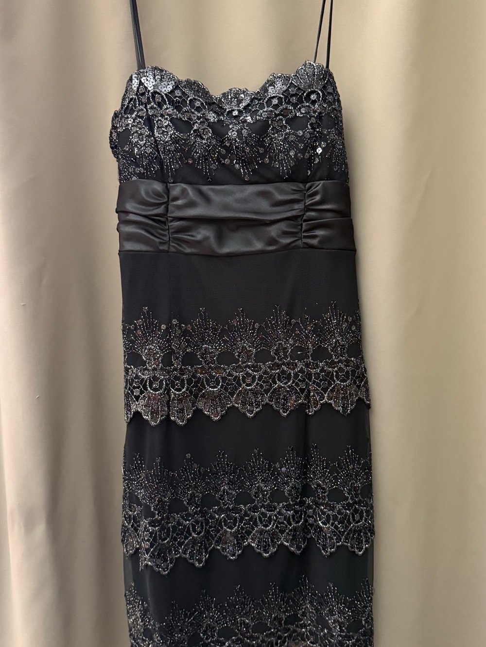 Masquerade Black Strapless Beaded Lace Evening Dress